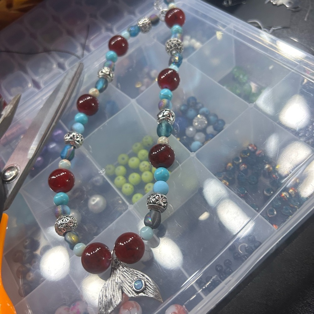 Silver and Red Beaded Necklace with mermaid Pendant